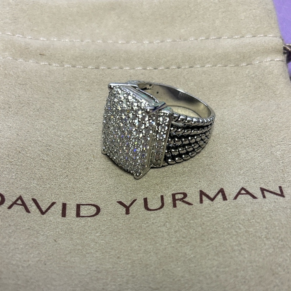 David Yurman Silver Pavé Shield Ring with Cable Detail
